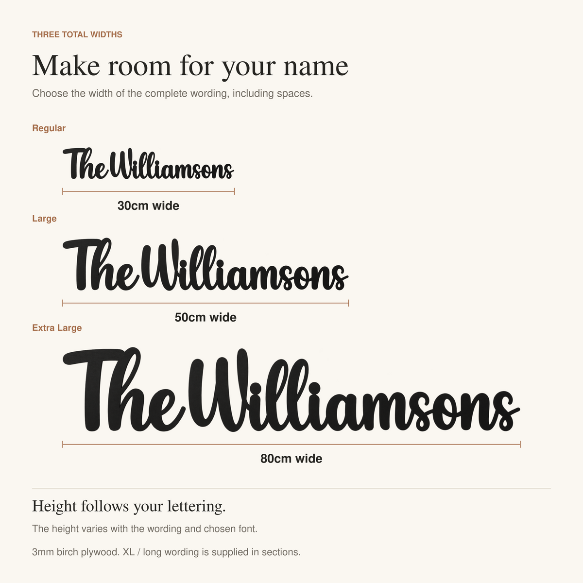 Family name sign width comparison: 30cm, 50cm and 80cm, with height varying by wording and font