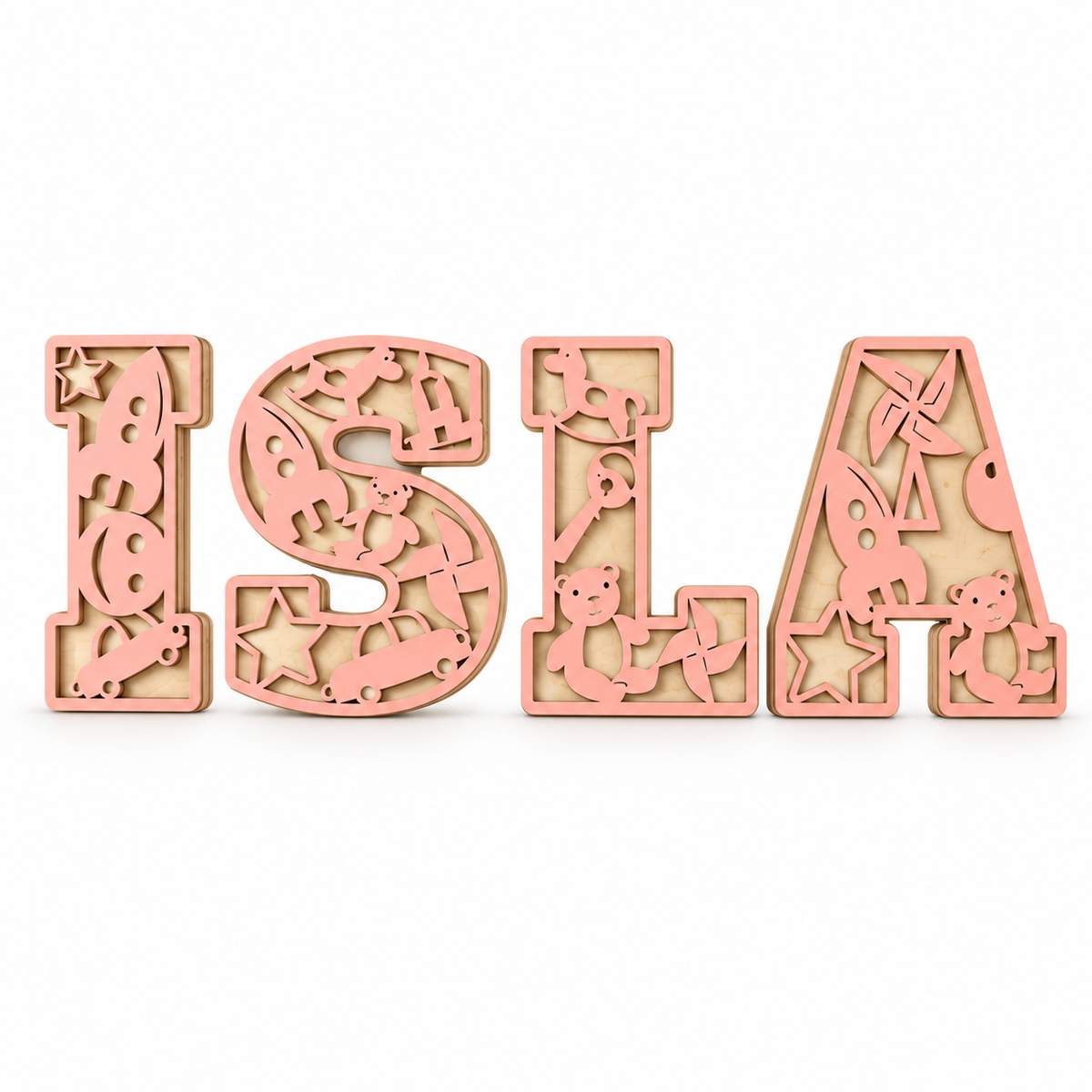 Pastel Pink ISLA toy-themed wooden name letters on a white background, with painted fronts and natural birch backing