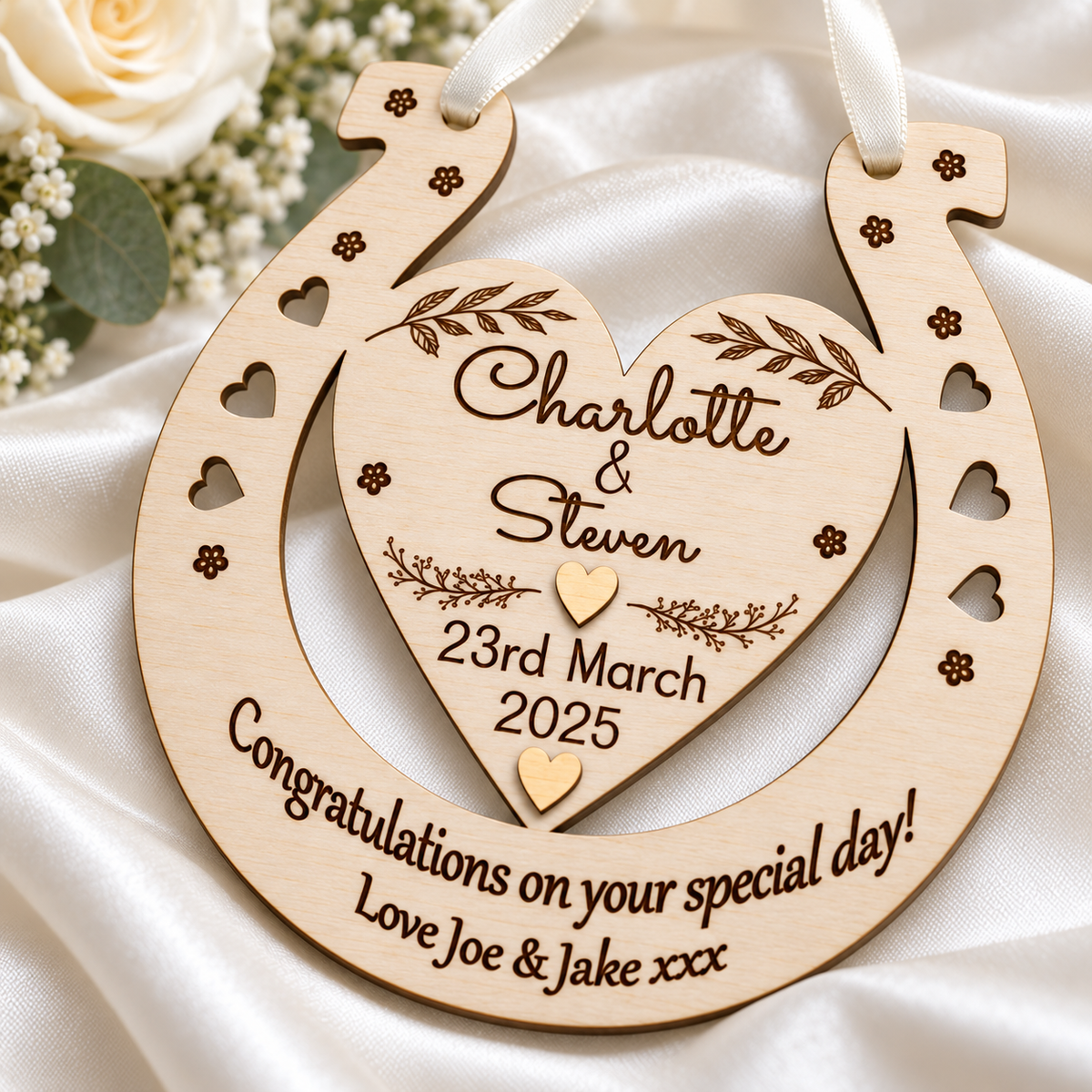 Close-up of engraved Charlotte and Steven names, wedding date, floral details and personal message on the wooden horseshoe