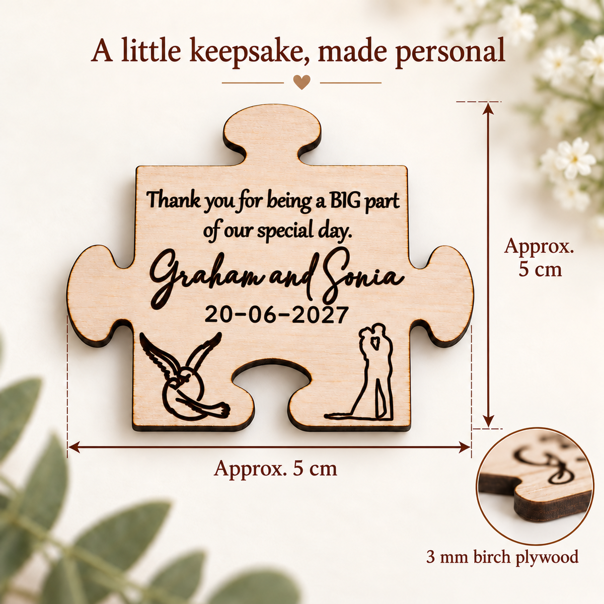 Puzzle piece wedding magnet dimensions: approximately 5 by 5 cm, made from 3 mm birch plywood.