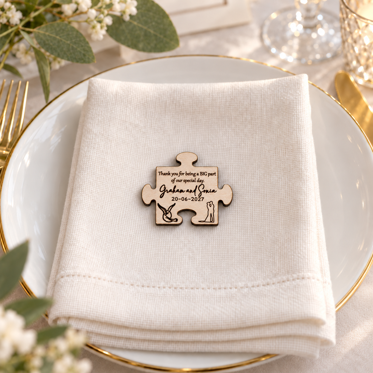 Personalised wooden puzzle magnet presented as a guest favour on a wedding table place setting.