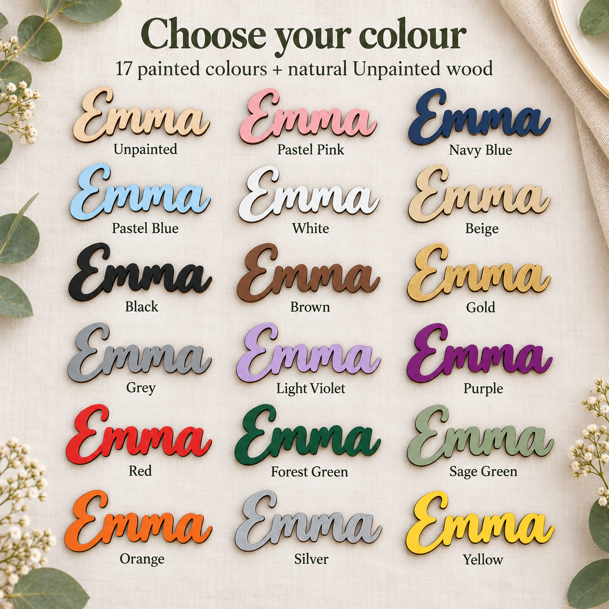 Eighteen wooden wedding place name finishes with labelled Emma samples, including Unpainted natural wood