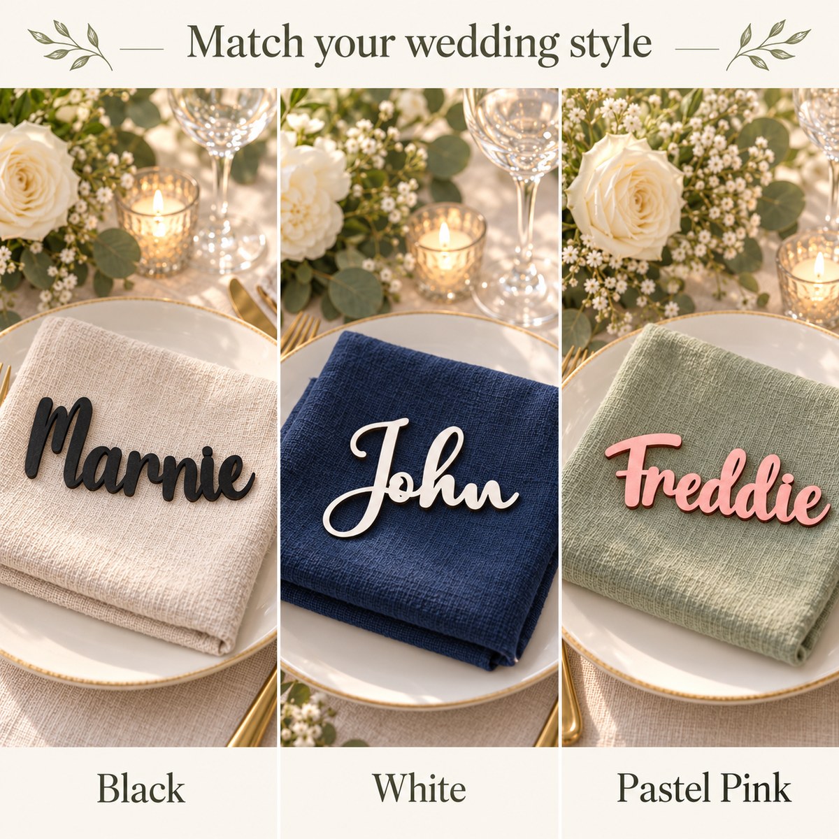 Black Marnie, White John and Pastel Pink Freddie wooden place cards in three wedding table styles