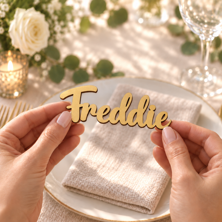 Satin gold painted Freddie wooden wedding place name held in hands above a cream wedding table setting