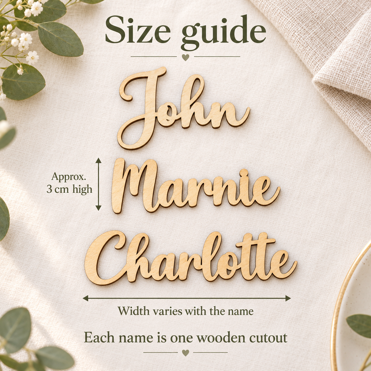 Wooden wedding place name size guide showing approximately 3 cm height and name-dependent width