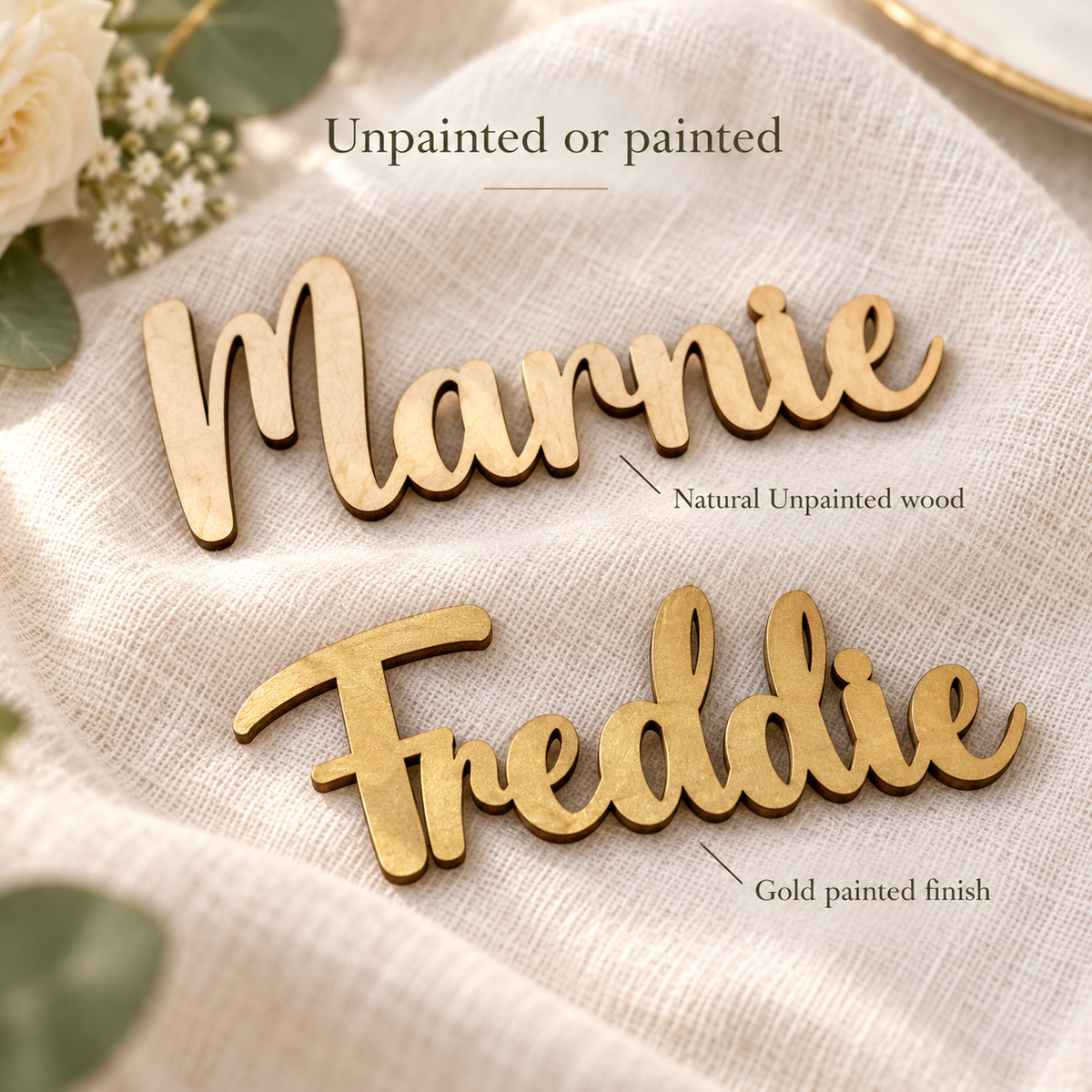 Natural Unpainted Marnie and Gold painted Freddie wooden wedding place names with laser-cut edges