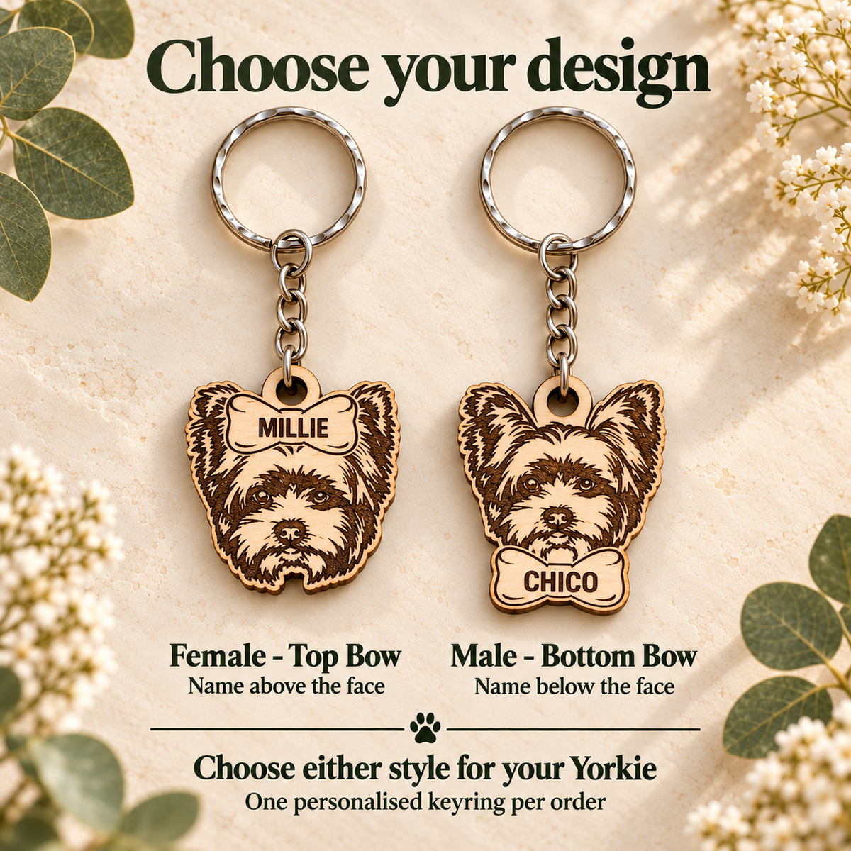 Yorkie keyring bow comparison showing MILLIE top bow and CHICO bottom bow, one personalised keyring per order