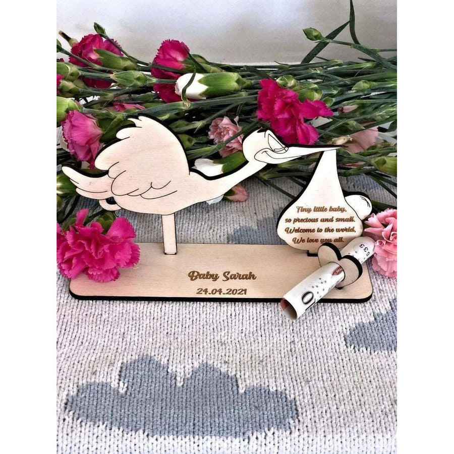 Personalised Wooden Stork New Baby Gift 
